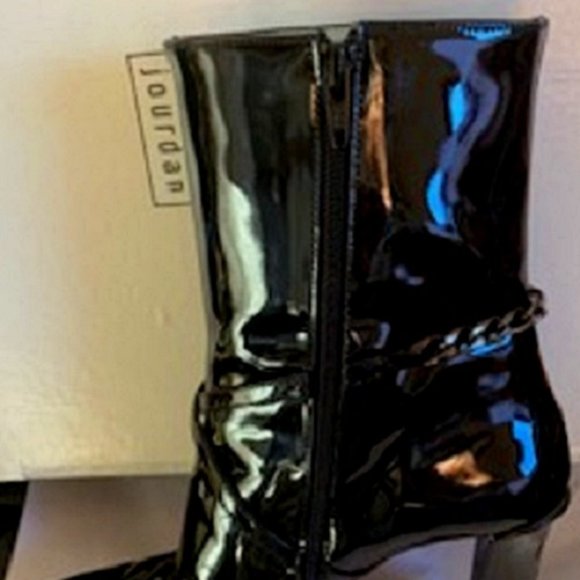 Charles Jourdan Black Leather Lacquer Boots Zip Up Sculpted Heel Sz: 6 1/2 - Picture 4 of 8